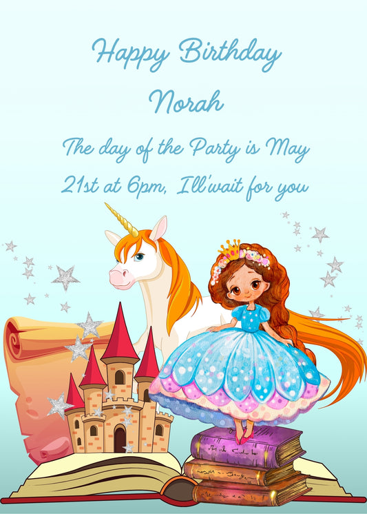 A open book with a castle and parchment; a princess in balancing on three books. In the background a unicorn and stars. Printable birthday card for girls 1-9.