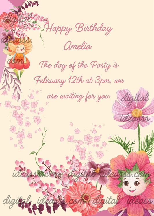 In the foreground a pink Anemone, with eyes nose and mouth, top left a Bellflower, together with other flowers. Printable birthday card for girls 5-12