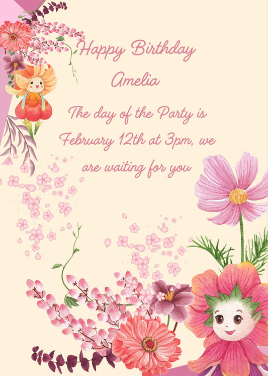 In the foreground a pink Anemone, with eyes nose and mouth, top left a Bellflower, together with other flowers. Printable birthday card for girls 5-12.