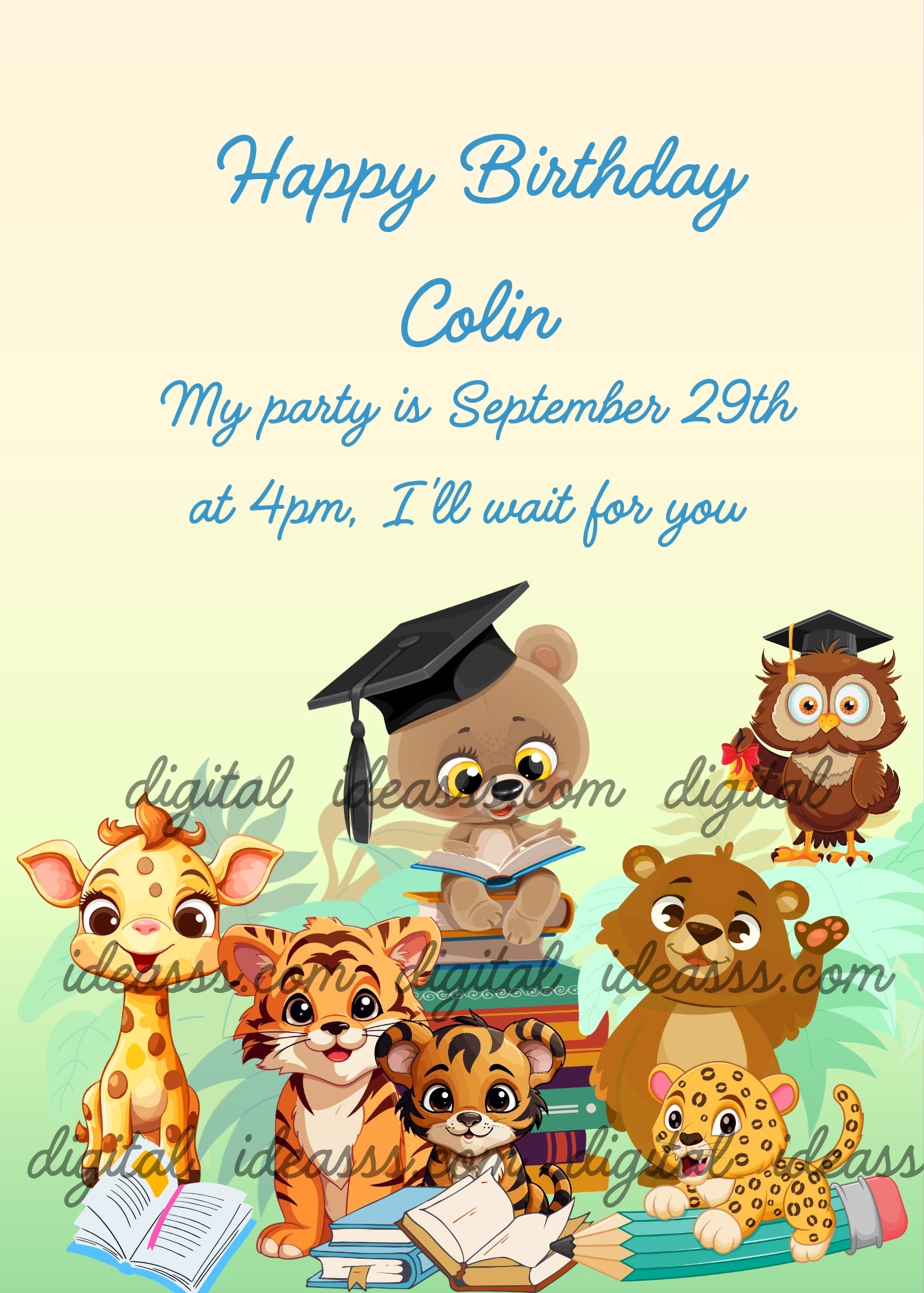 A teddy bear is a teacher, sitting on a row of books, the students are jungle animals, the custodian, is an owl with a bell. Printable birthday card for kids 5-10.  