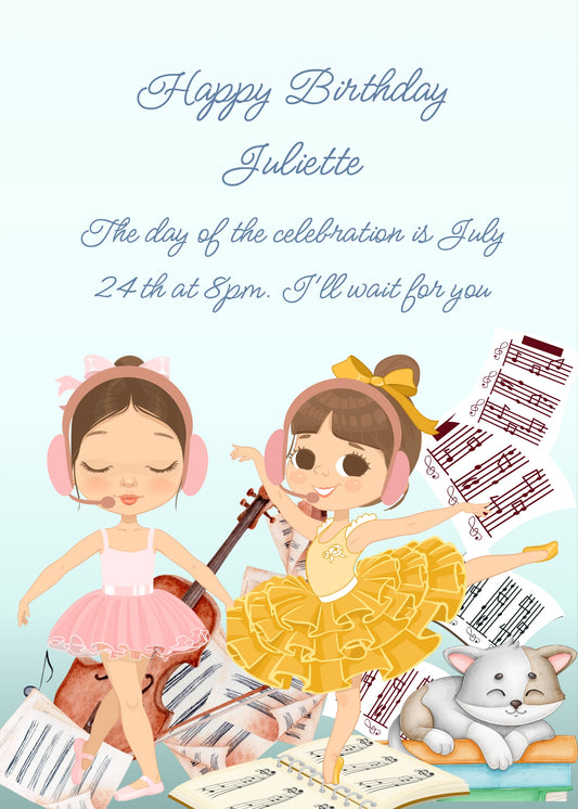 Two little girls practice their dance moves in a messy room, surrounded by sheet music, a cello, and a sleeping kitten. Printabe birthday card for girls 8-14.