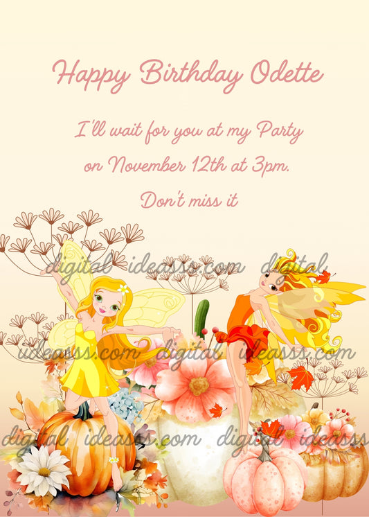 Fairies in flight, with an autumn landscape. A flowery meadow with pumpkins decorated with flowers. Printable birthday card for girls 9-14. 
