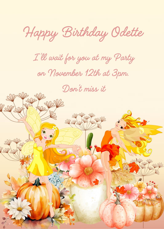Yellow flying fairies, and colorful pumpkins filled with flowers. Printable birthday card for girls 9-14.