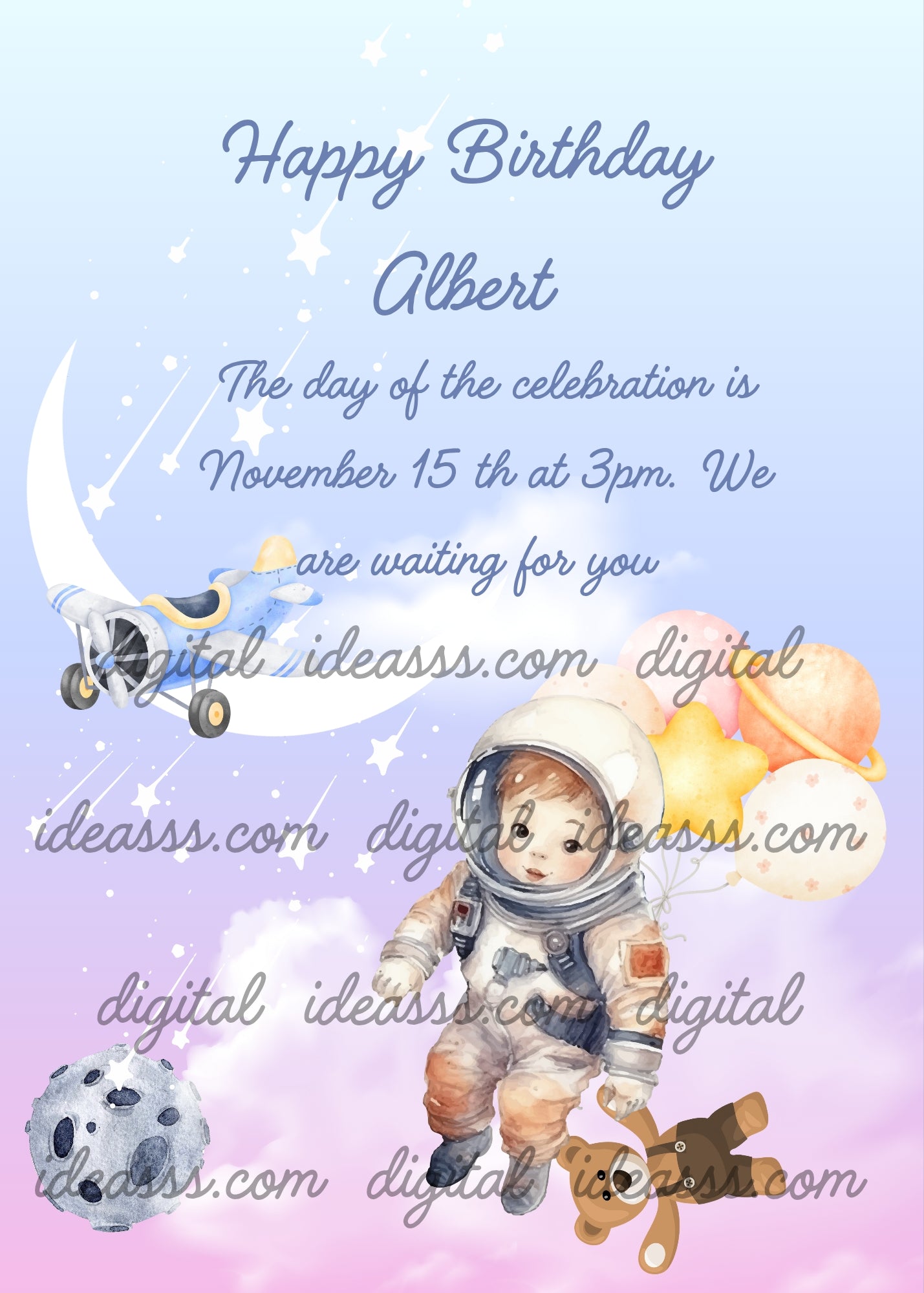Child dressed as an astronaut among the clouds with balloons and his teddy bear. On the moon his little airplane. Printable birthday card for boys 5-10.