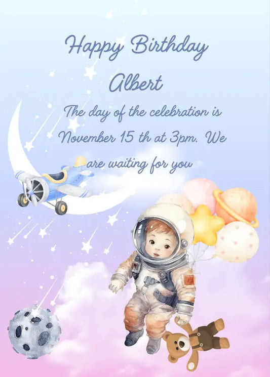 Child dressed as an astronaut among the clouds with balloons and his teddy bear. On the moon his little airplane. Printable birthday card for boys 5-10.
