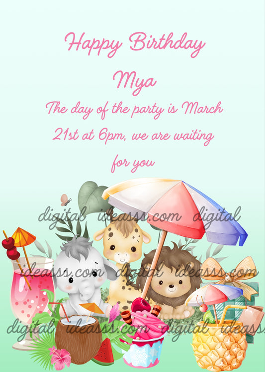 A baby elephant, a giraffe and a lion are partying with ice cream, cocktails, and exotic fruit. Printable birthday card for
 kids 1-9. 