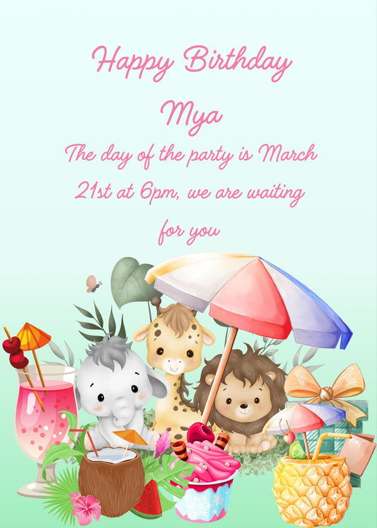A baby elephant, a giraffe and a lion are partying with ice cream, cocktails, and exotic fruit. Printable birthday card for
 kids 1-9.