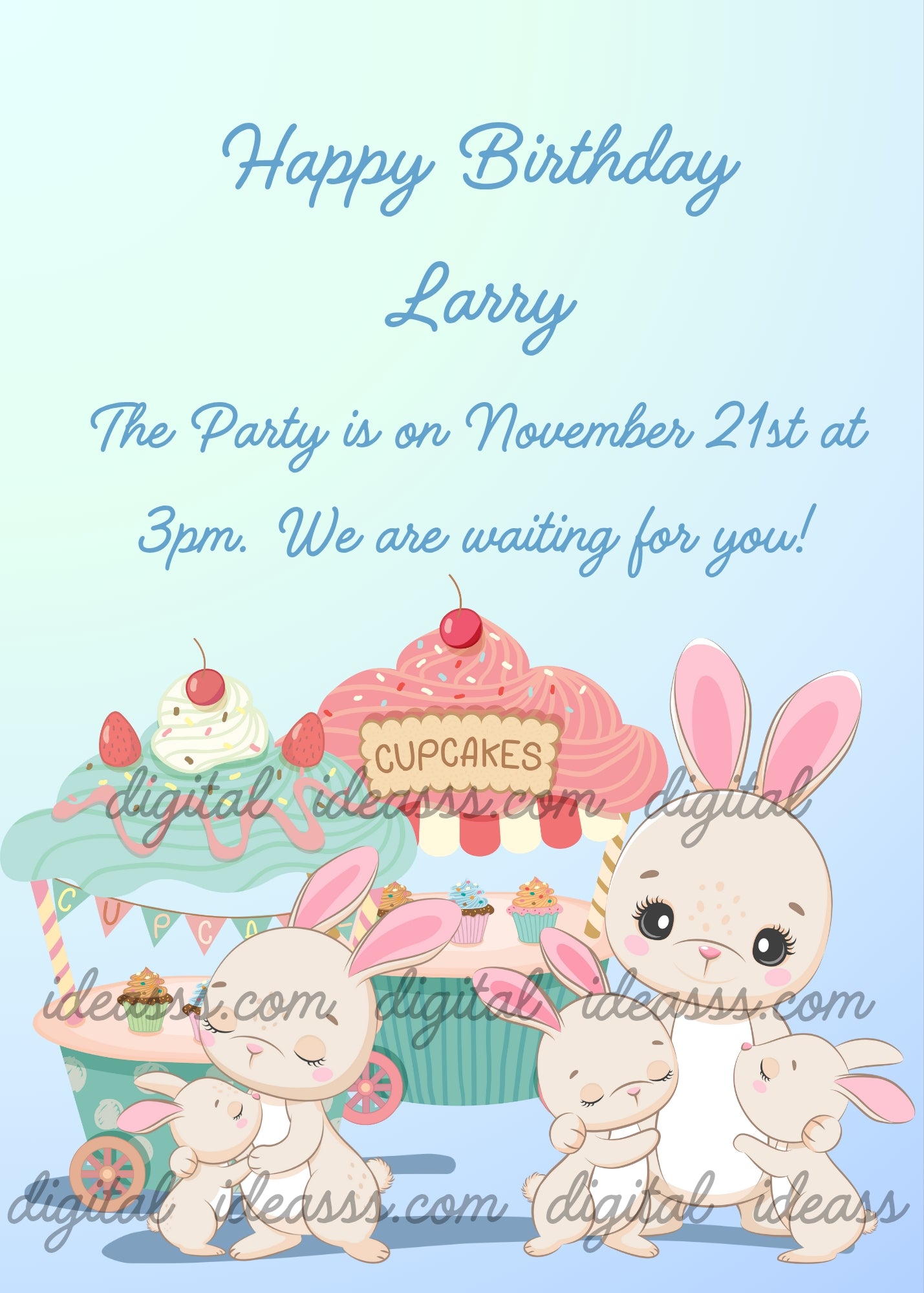 Three cute cream-colored bunnies with pink ears at a sweets stand, two adult bunnies bringing their little ones, giant cupcakes with cherry and pink frosting, a "Cupcakes" sign, mini cupcakes and bunting decorations, on a soft light blue gradient background — printable birthday card for kids aged 1 to 7