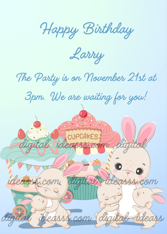 Three cute cream-colored bunnies with pink ears at a sweets stand, two adult bunnies bringing their little ones, giant cupcakes with cherry and pink frosting, a "Cupcakes" sign, mini cupcakes and bunting decorations, on a soft light blue gradient background — printable birthday card for kids aged 1 to 7