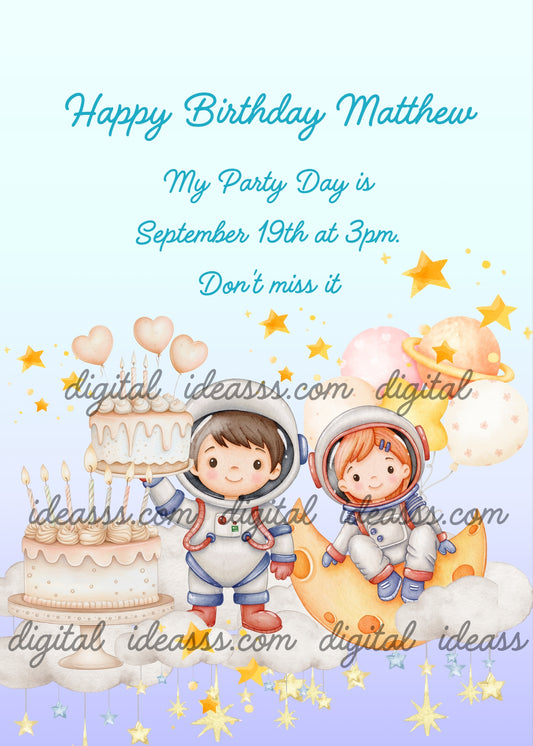 Two cute children dressed as astronauts, between the moon and clouds, with cakes and balloons to celebrate. Printable birthday card for kids 5-12. 