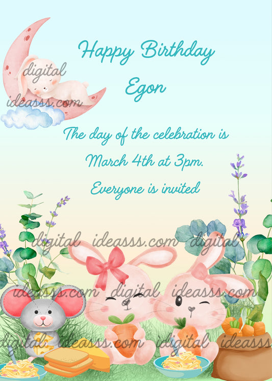 A meadow with cute bunnies and a little mouse, to celebrate a birthday. In the sky the moon with a sleeping bunny. Printable birthday card for kids 1-9.