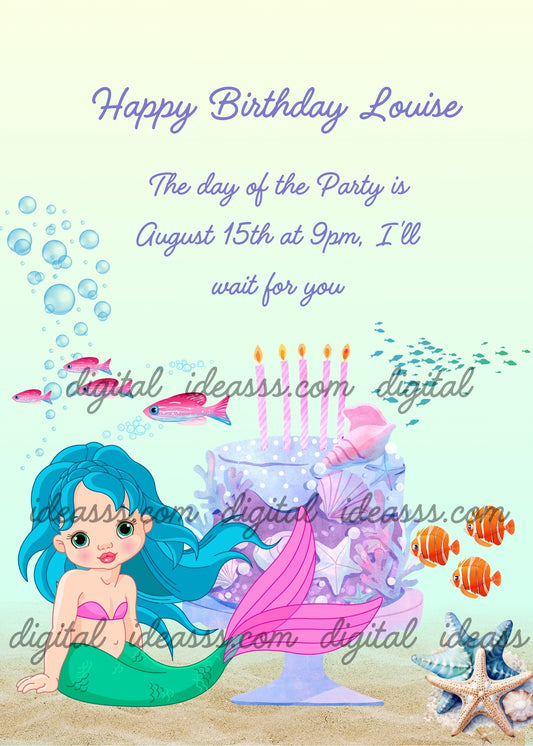 Little mermaid with blue hair celebrating her birthday, with cake and candles at the bottom of the sea. Printable birthday card for girls 6-13.