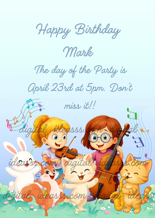 A boy with glasses playing cello and a girl playing violin, with an orange kitten playing saxophone and a white bunny, squirrel, and white kitten dancing, colorful musical notes on a light blue background with green grass and flowers — birthday card for children aged 3 to 10