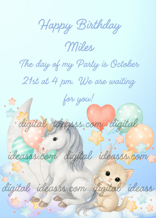 White unicorn with golden horn surrounded by colorful balloons including a pink heart-shaped balloon and pastel stars, with a cute beige kitten on the right, on a soft shaded blue background — birthday card for children aged 1 to 9