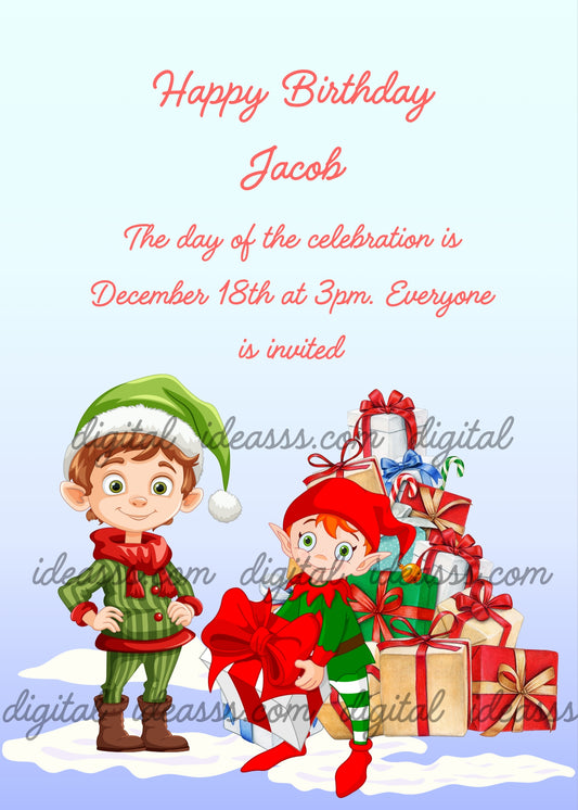 Two cute Christmas elves one standing in a green striped outfit with a green hat and red scarf and one sitting in a red and green outfit next to a pile of colorful gift boxes with red and blue bows on snow on a soft blue gradient background — printable Christmas birthday card for children ages 6 to 12
