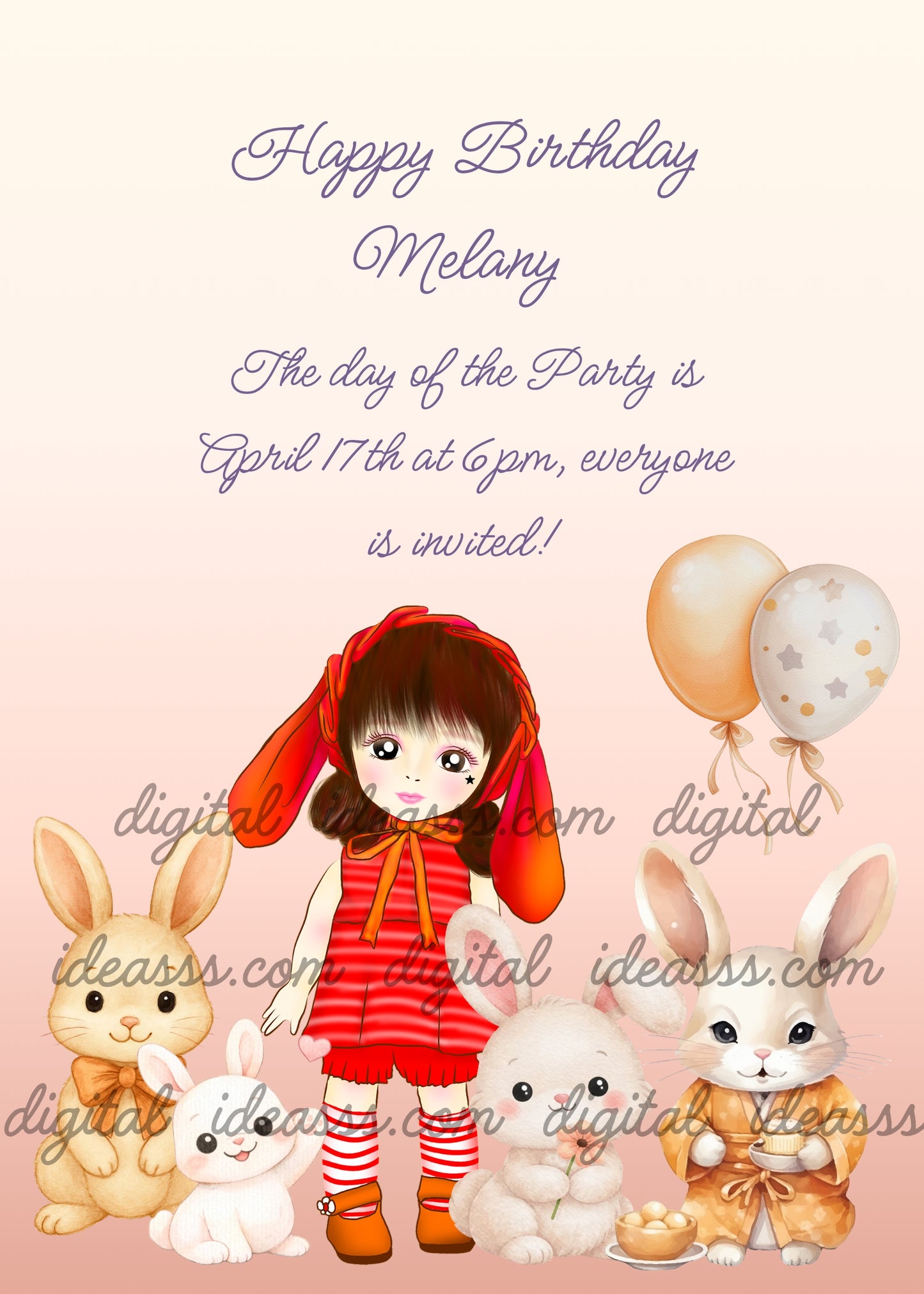  Sweet girl in red bunny costume with kawaii bunnies, a Japanese bunny in golden kimono holding a teacup, and golden balloons on a soft pink gradient background — birthday card for girls aged  5 to 12 