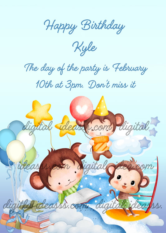 A little monkey reading a book and dreaming of surfing and flying with balloons and a party hat on clouds, golden stars and colorful balloons on a light blue background — birthday card for children aged 1 to 7