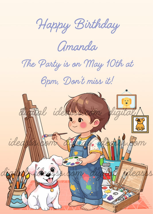 Girl with short brown hair in paint-splattered blue overalls holding a brush and palette beside a wooden easel, with a white puppy wearing a red collar, art supplies, and two framed dog pictures on a cream-and-peach background - printable birthday card for girls aged 5 to 12