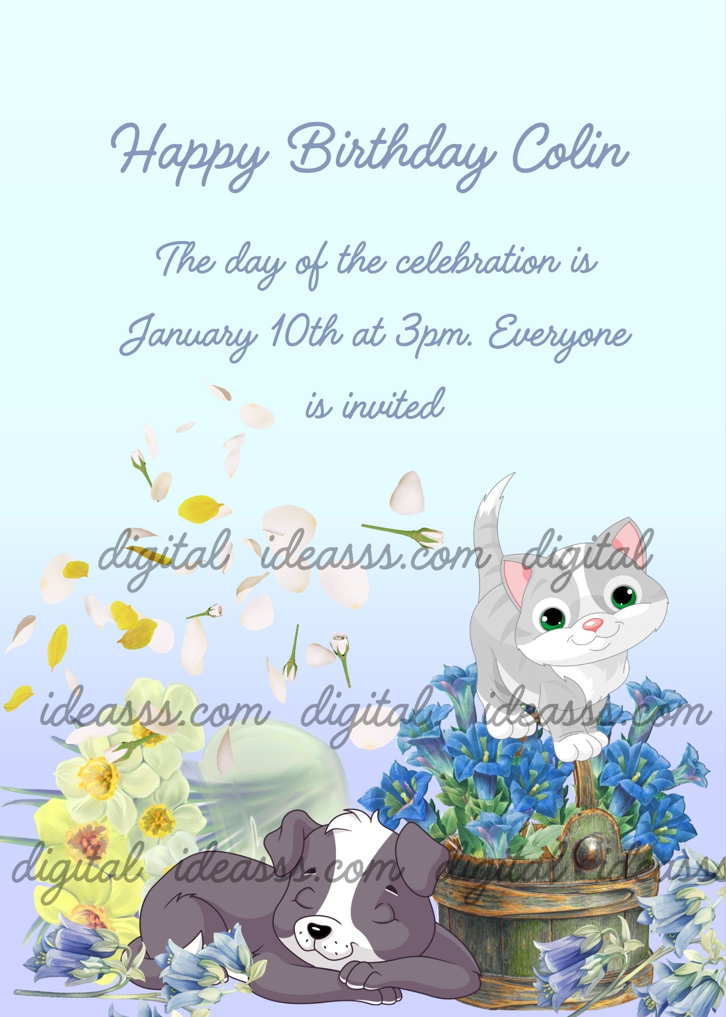 A grey cat on a flower basket and a sleeping puppy among blue and yellow flowers on a light blue background - printable birthday card for kids 1-12