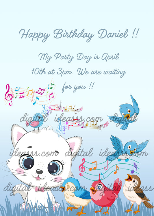 A white kitten with colorful birds singing and musical notes on a light blue background - printable birthday card for kids 1-9  