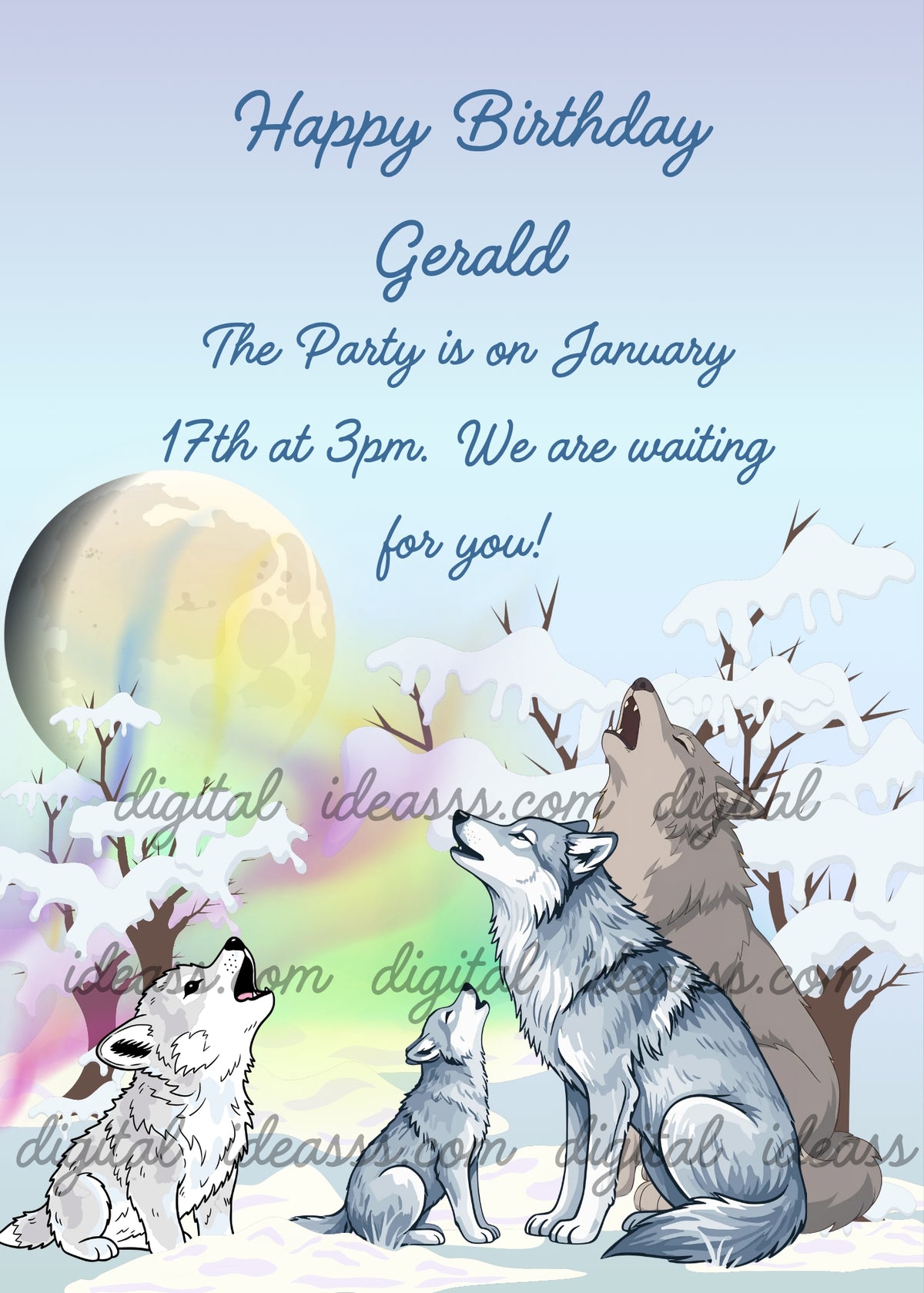 A wolf family howling at a large golden full moon in a snowy winter night, with colorful aurora borealis in green, yellow and pink glowing in the background, surrounded by snow-covered trees — birthday card for boys aged 8 to 14