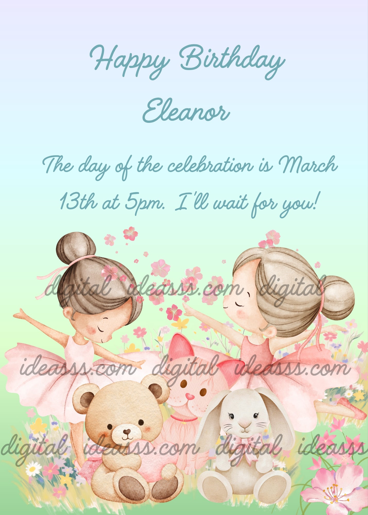 Two little ballerinas in pink tutus dancing among spring flowers with a teddy bear, a bunny and a pink cat on a soft blue and green gradient background — birthday card for girls 3-10