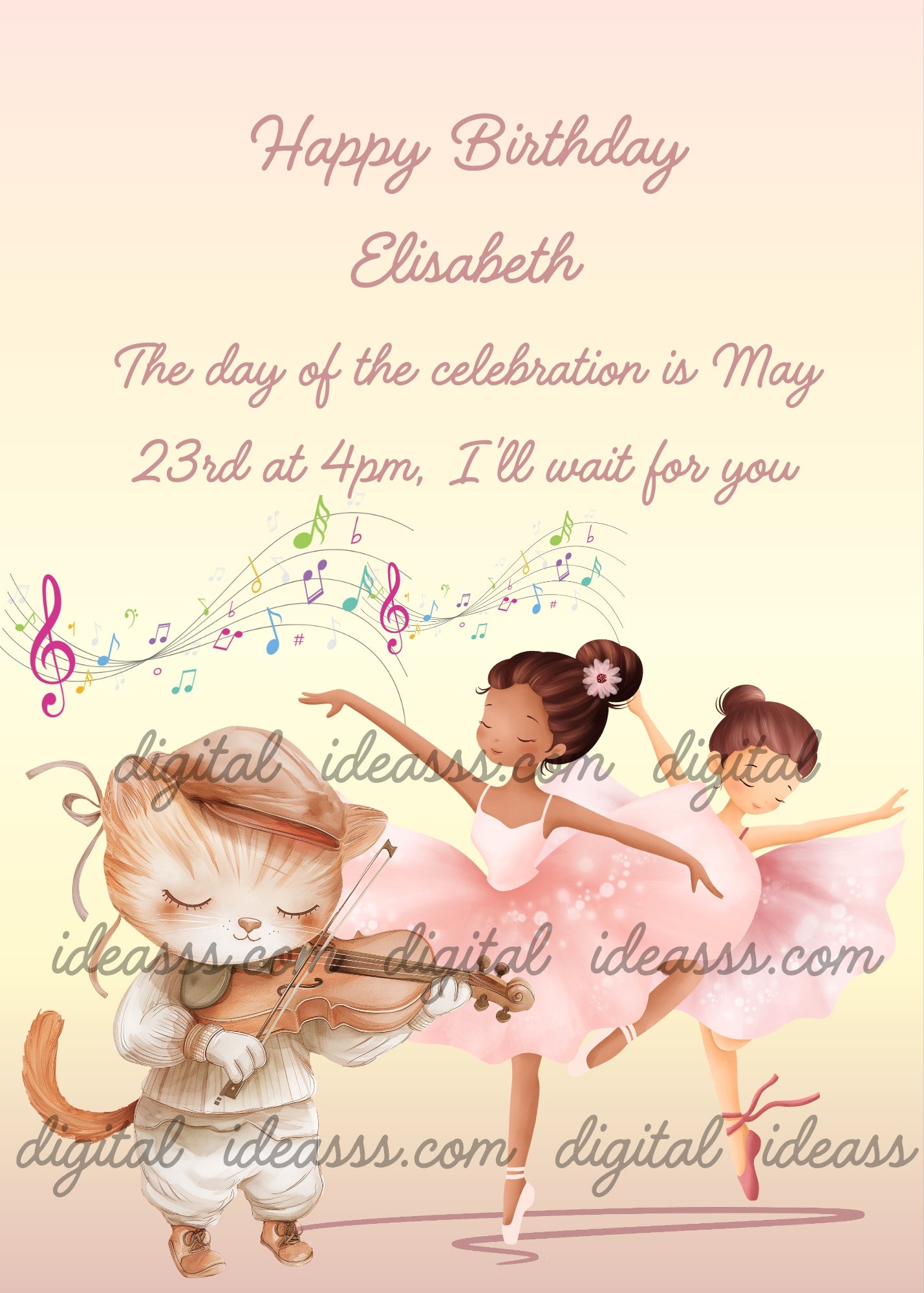 A cat playing violin with colorful musical notes while two ballerinas in pink tutus dance on a soft peach background — birthday card for girls 3-12