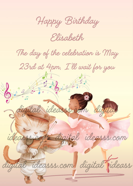 A cat playing violin with colorful musical notes while two ballerinas in pink tutus dance on a soft peach background — birthday card for girls 3-12