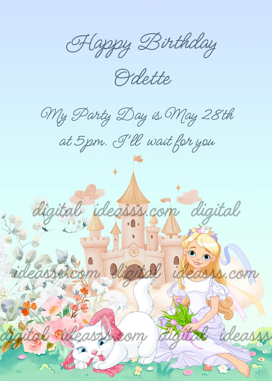 A blonde princess with a flower crown in a white dress holding a bouquet of purple flowers sitting next to a white cat with a pink bow in front of a sandy castle with a heart door among pink clouds and white and orange flowers on a soft light blue gradient background — printable birthday card for girls ages 5 to 12