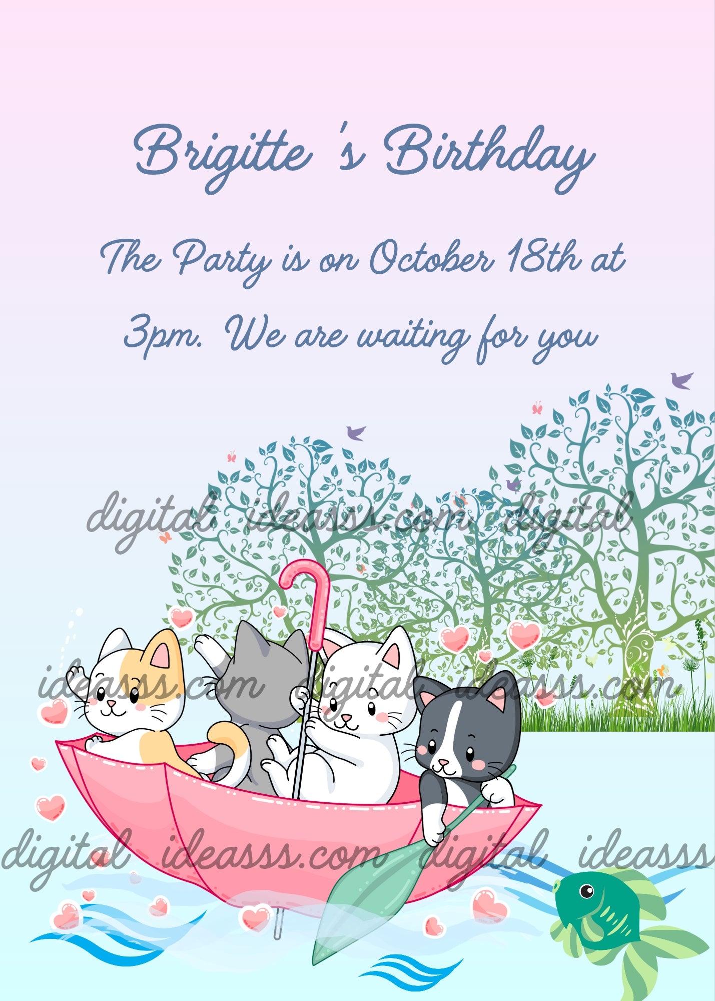 Kittens use an upside-down umbrella as a boat to travel up a river - printable birthday card for kids 1-9