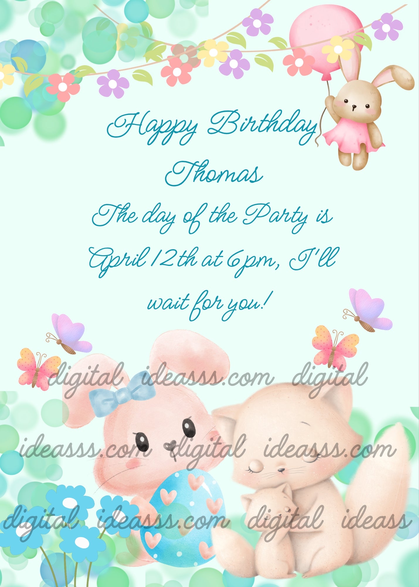Mother cat with kitten and her bunny friend with an Easter egg surrounded by flowers and butterflies - printable birthday card for kids 1-9 