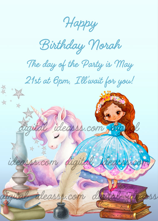 Cute princess with long red hair, golden crown and blue dress standing in balance on a stack of books next to a white unicorn with pink mane, with an oil lamp and silver stars on a light blue background — birthday card for girls aged 5 to 10