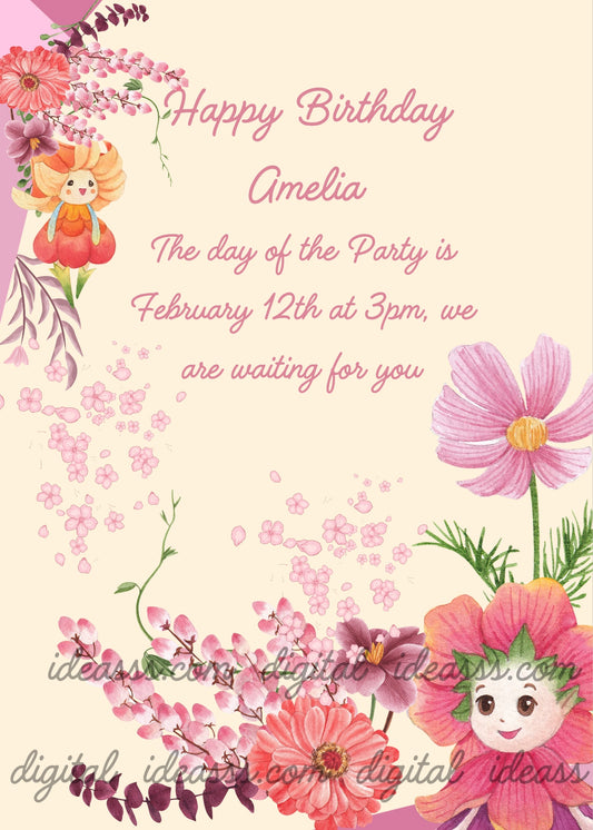  Two cute kawaii flower fairies among pink anemones, purple cosmos flowers and cherry blossoms on a soft cream and pink background — birthday card for girls aged 5 to 12