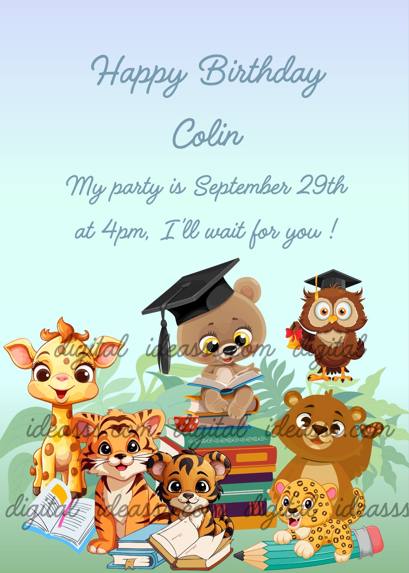 A cute kawaii giraffe, a brown bear wearing a graduation cap sitting on a stack of colorful books and teaching, a wise owl with a graduation cap and a bell acting as the janitor, two tiger cubs reading and studying, a small brown bear, and a baby cheetah with pencils, surrounded by tropical green leaves on a soft pastel blue background — birthday card for children aged 5 to 10