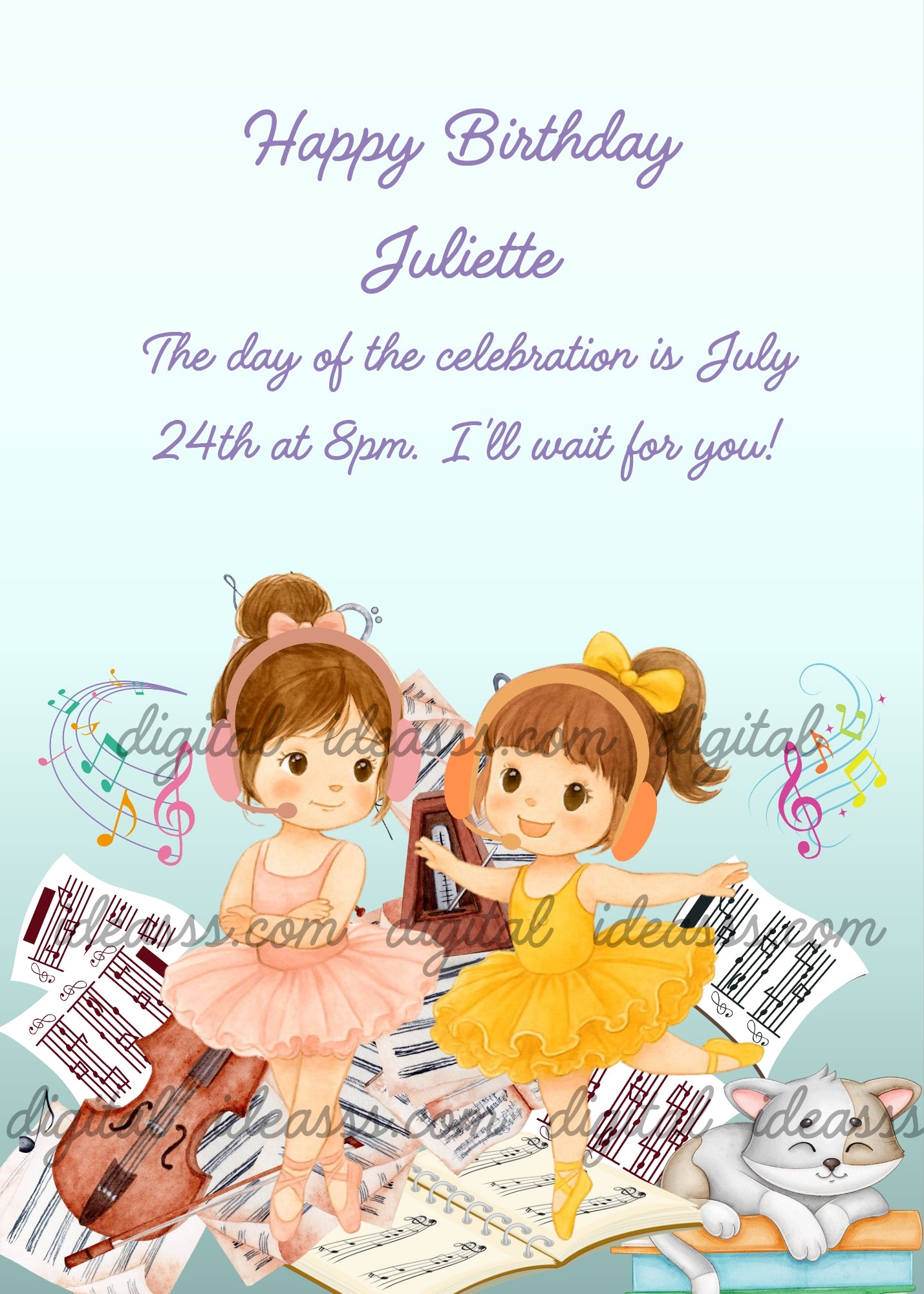 Two little ballerinas with headphones dancing among music sheets and instruments with a sleeping cat on a soft light blue background — birthday card for girls 5-10