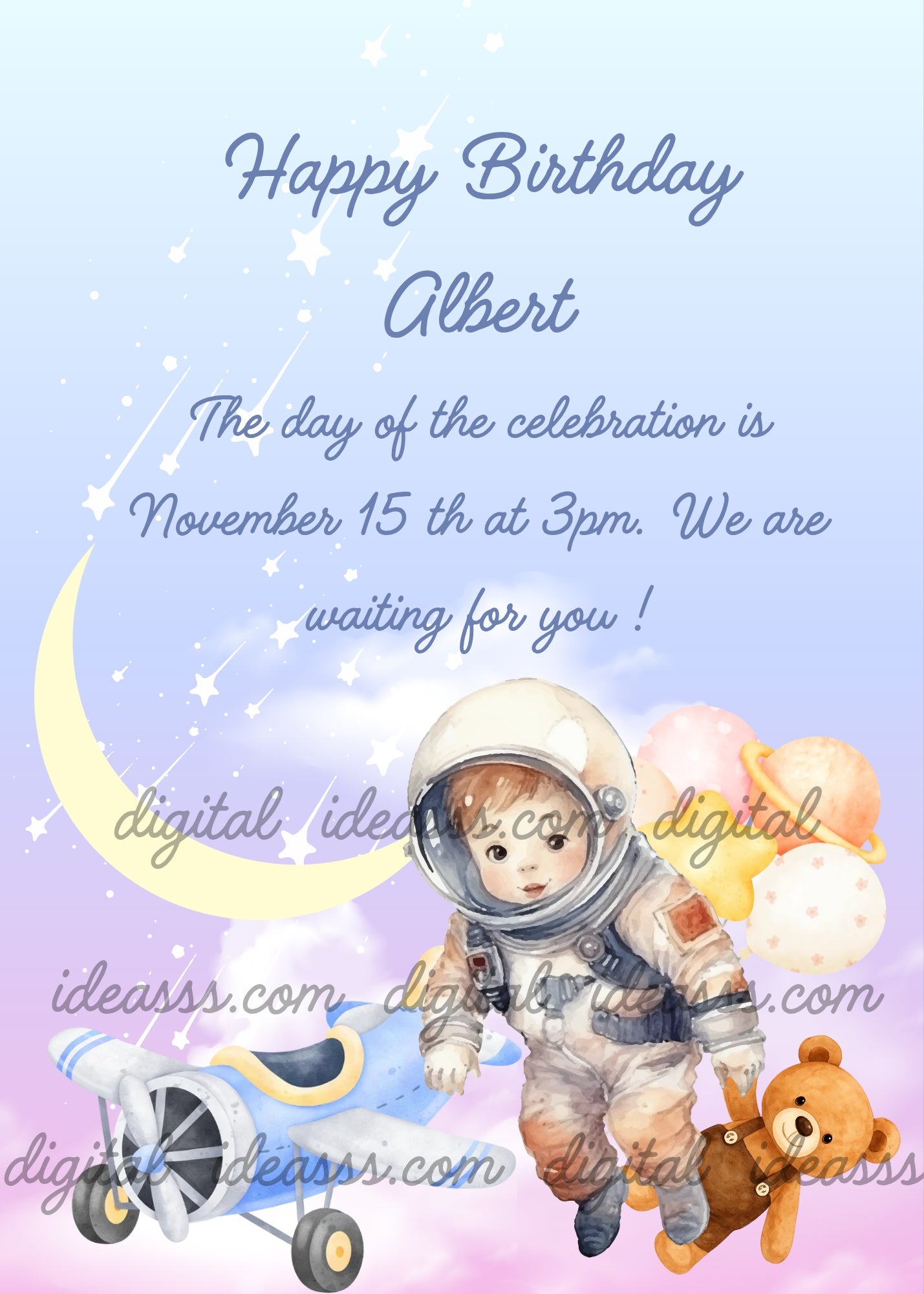  A cute boy astronaut floating in the clouds with a small airplane, a teddy bear, colorful balloons and a crescent moon on a soft blue and lavender background — birthday card for boys aged 5 to 10