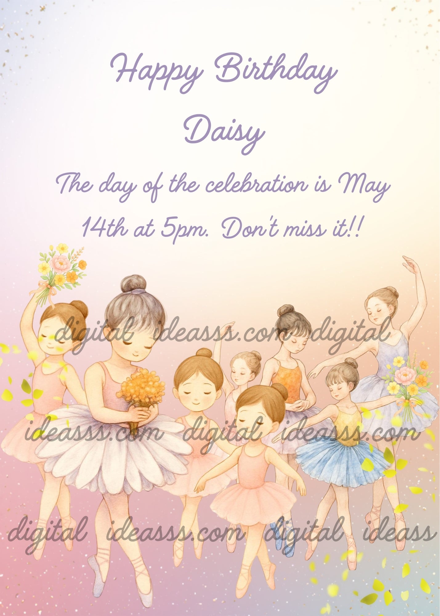 Eight little ballerinas in colorful tutus dancing with flowers and petals on a soft peach and blue gradient background — birthday card for girls 6-14