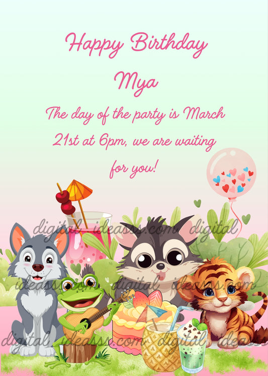 A cute kawaii raccoon, a smiling grey wolf, a funny frog playing guitar, and a little tiger cub celebrating with a tropical fruit cake, a pink cocktail, a pineapple drink, and a pink balloon with hearts, surrounded by tropical leaves on a soft mint green and pink background — birthday card for children aged 1 to 9