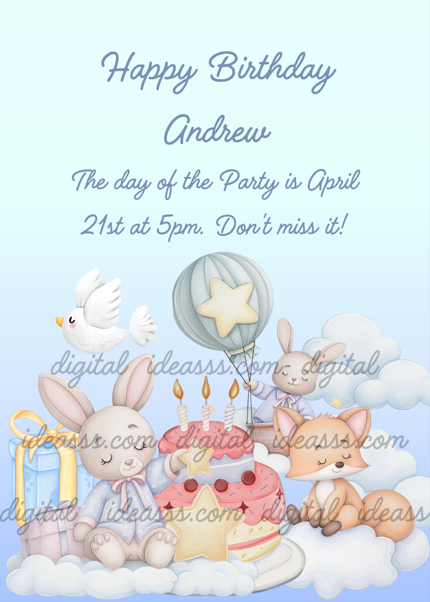 A cute bunny in a pink bow sitting on clouds next to a birthday cake with candles, a sleepy fox resting on clouds, a bunny floating in a hot air balloon with a star, a white dove flying, and a blue gift box, on a soft blue gradient background — birthday card for children aged 1 to 7