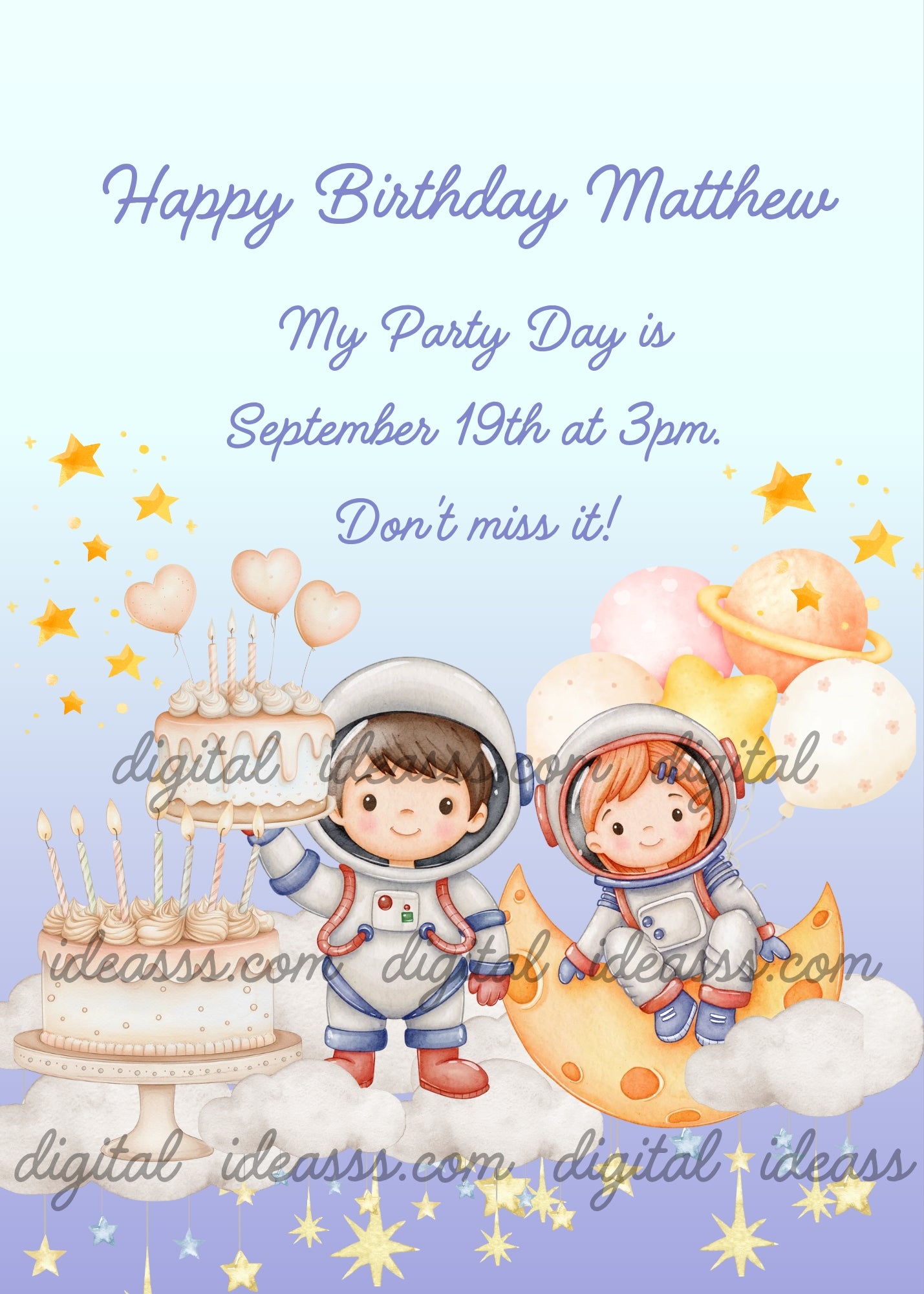  Two cute child astronauts in white spacesuits on clouds, one holding a birthday cake and one sitting on a crescent moon, with heart balloons, golden stars and colorful planets on a soft blue and lavender background — birthday card for children aged 5 to 12