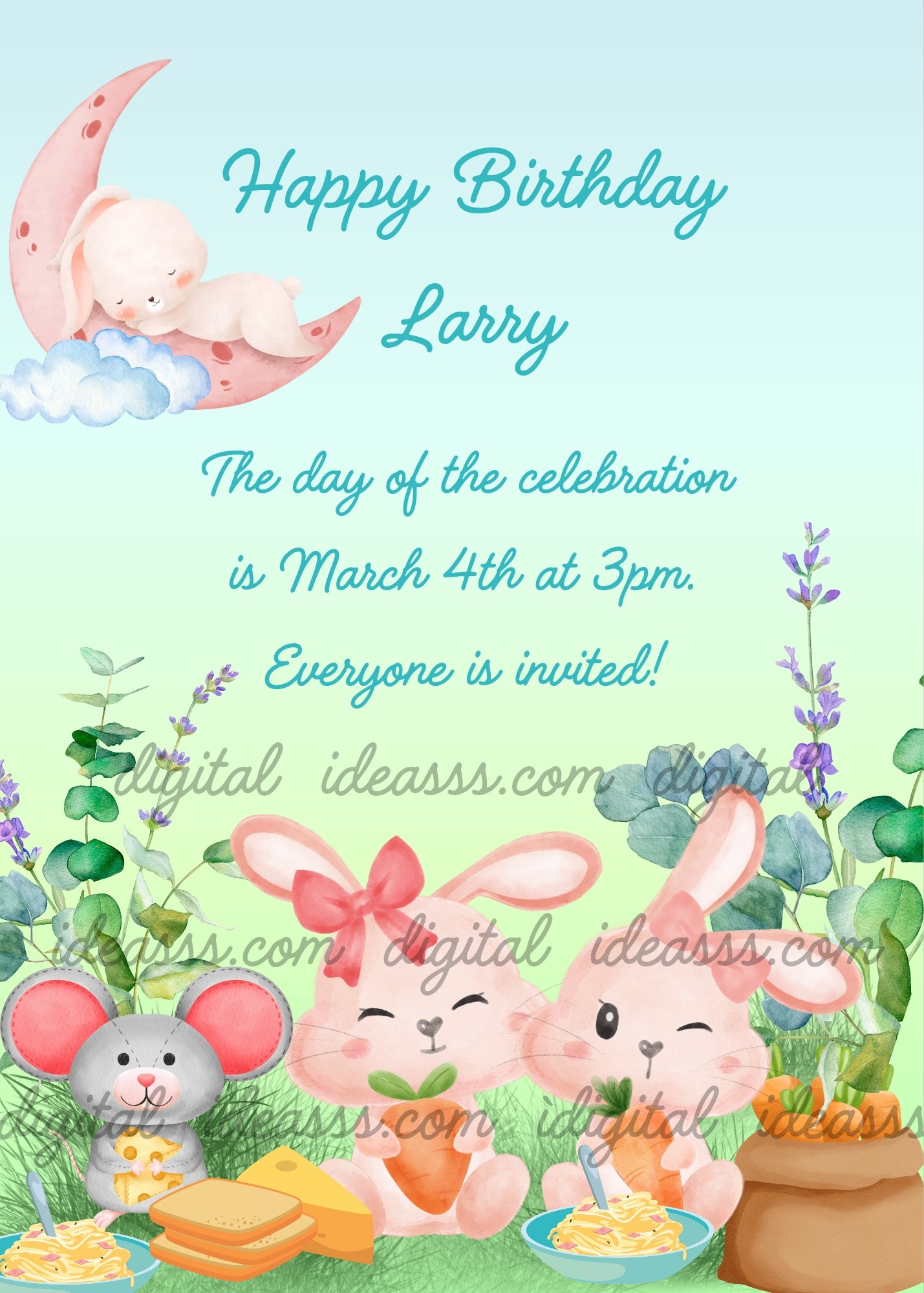 Two pink bunnies and a little gray mouse having a picnic with carrots, cheese and pasta in a green meadow with lavender and eucalyptus, a sleeping baby bunny on a pink crescent moon with clouds above — birthday card for children aged 1 to 9