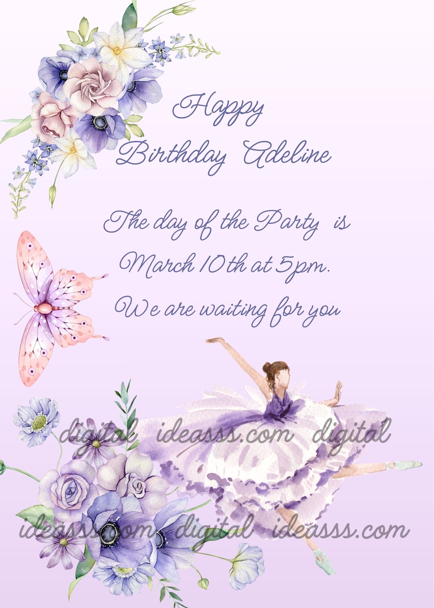 An elegant ballerina in a purple tutu dancing among purple roses and flowers with a butterfly on a soft lavender background — birthday card for girls 10-14