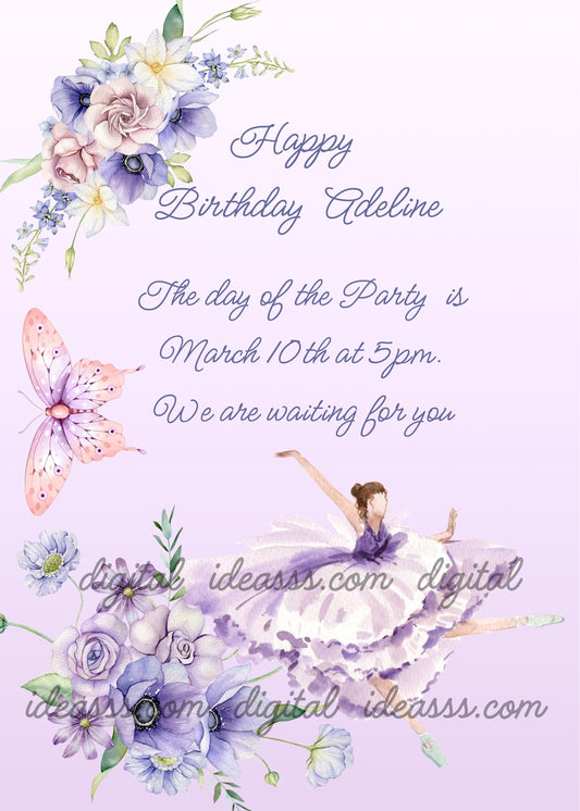 An elegant ballerina in a purple tutu dancing among purple roses and flowers with a butterfly on a soft lavender background — birthday card for girls 10-14