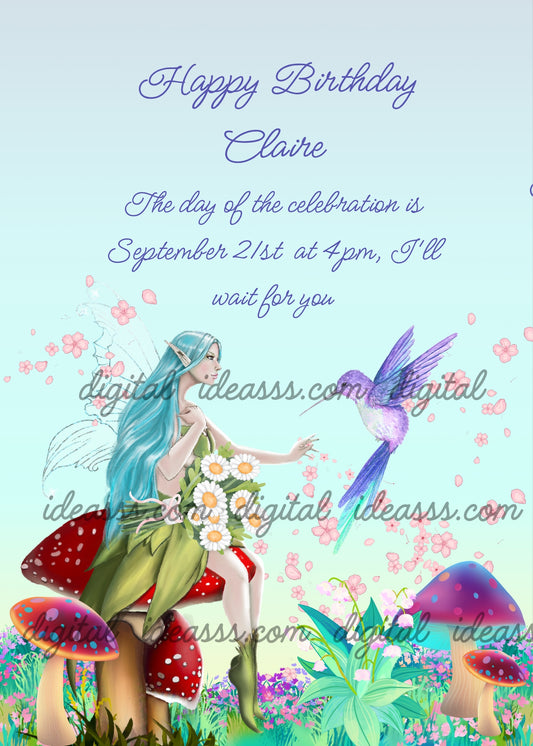 A blue haired fairy sitting on a red mushroom reaching out to a purple hummingbird among cherry blossoms and colorful mushrooms on a soft blue background — printable birthday card for girls ages 10 to 14