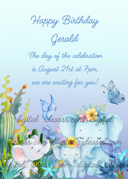 A kawaii mama elephant and her baby elephant with soft blue skin and flower crowns, and a small gray elephant cub, surrounded by blue butterflies, colorful tropical flowers, cacti, and lush jungle leaves on a pastel blue background — birthday card for children aged 1 to 9