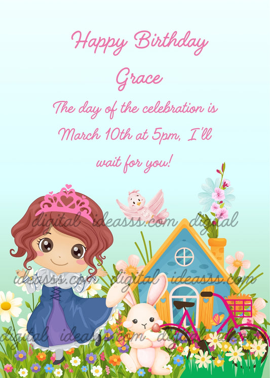 A cute kawaii princess with a pink tiara and blue dress, a white bunny, a blue little house with yellow roof, a pink bicycle, a white bird, and colorful spring flowers on a light blue background — printable birthday card for girls ages 1 to 9