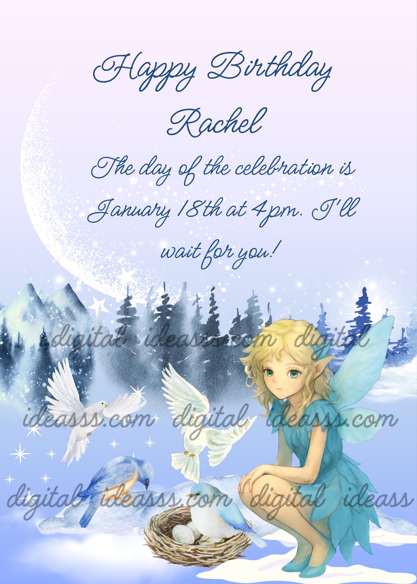 Blonde woodland elf in light blue dress with fairy wings crouching near a bird nest with eggs and a blue bird, two white doves flying, snowy pine forest and glowing moon on a soft blue and lavender background — birthday card for girls aged 10 to 14