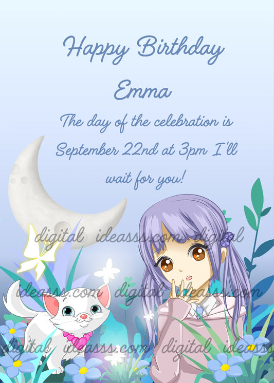  Anime-style girl with long purple hair and a kawaii white kitten wearing a collar made of hearts, surrounded by blue flowers and green plants, with a grey crescent moon and glowing fireflies against a soft blue gradient background — birthday card for girls aged 9 to 14