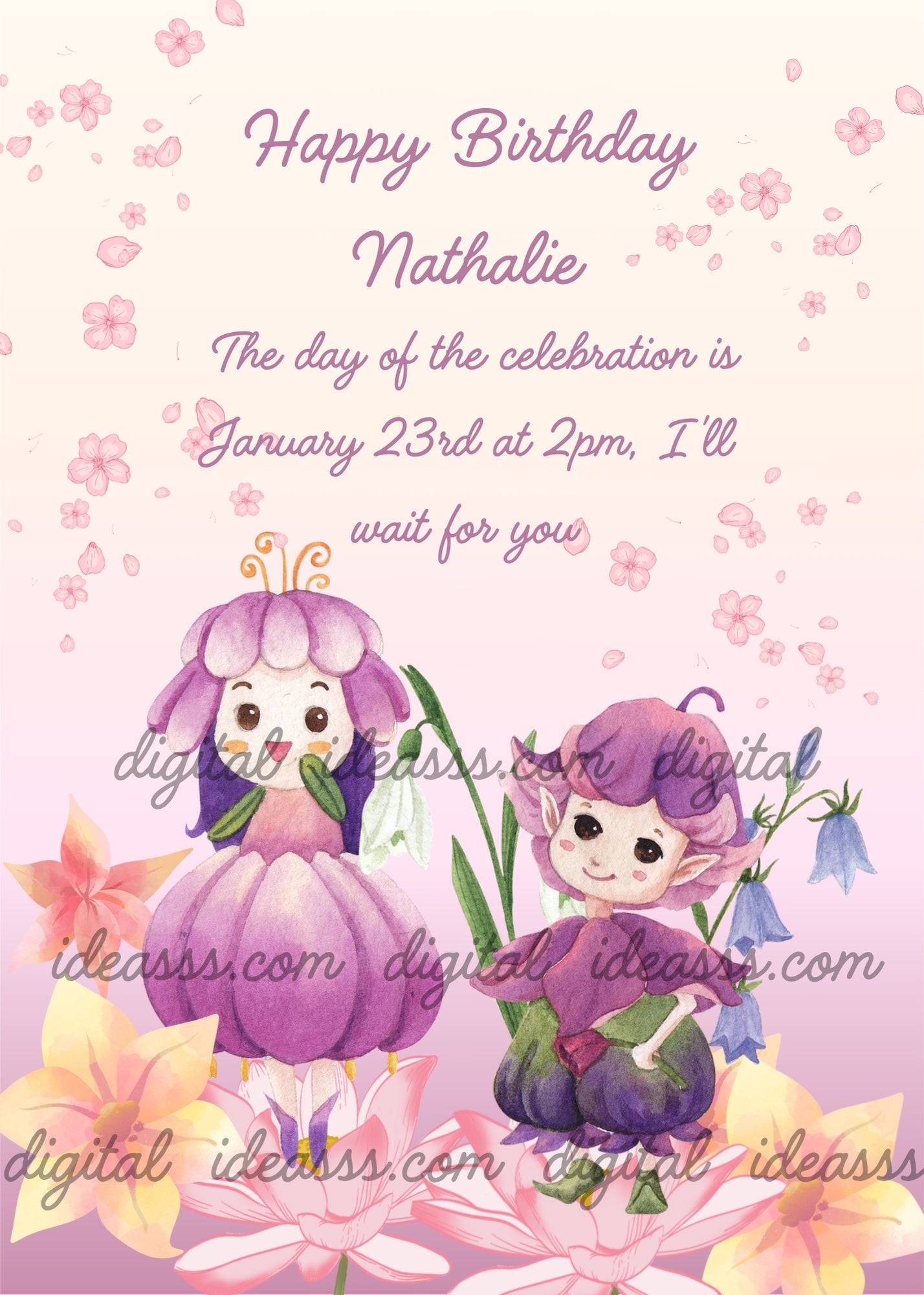 Two cute kawaii flower fairies in purple among blue bluebells, pink lotus flowers, yellow lilies and cherry blossom petals on a soft pink gradient background — birthday card for children aged 5 to 12