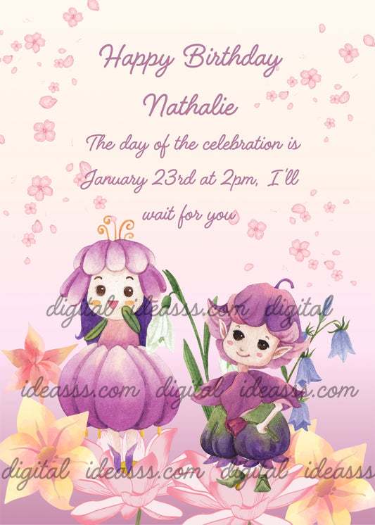 Two cute kawaii flower fairies in purple among blue bluebells, pink lotus flowers, yellow lilies and cherry blossom petals on a soft pink gradient background — birthday card for children aged 5 to 12